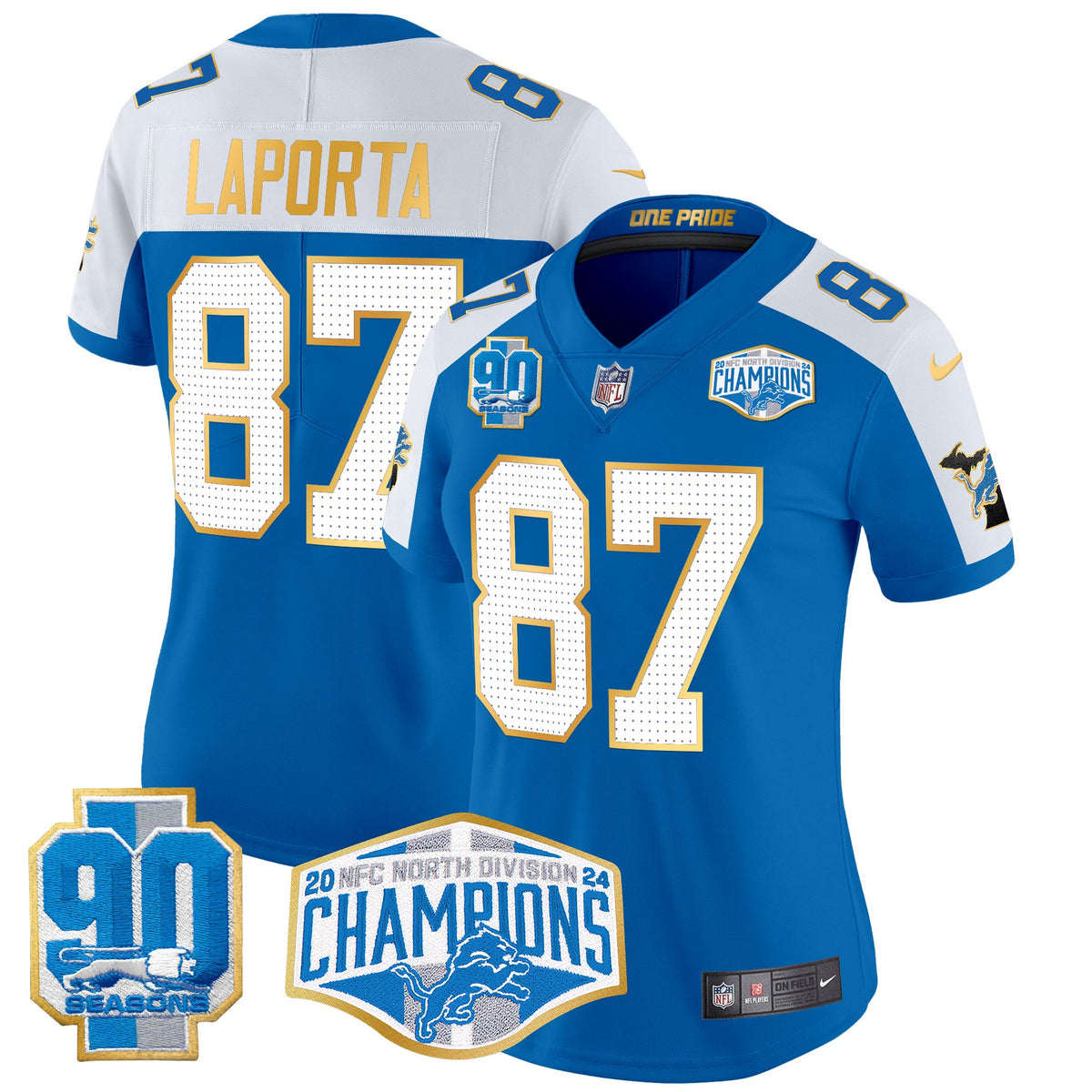 Women's Detroit Lions 2024 NFC North Division Champions Patch Gold Trim Vapor Limited Jersey - All Stitched - Blue Alternate - Sam Laporta — view 1