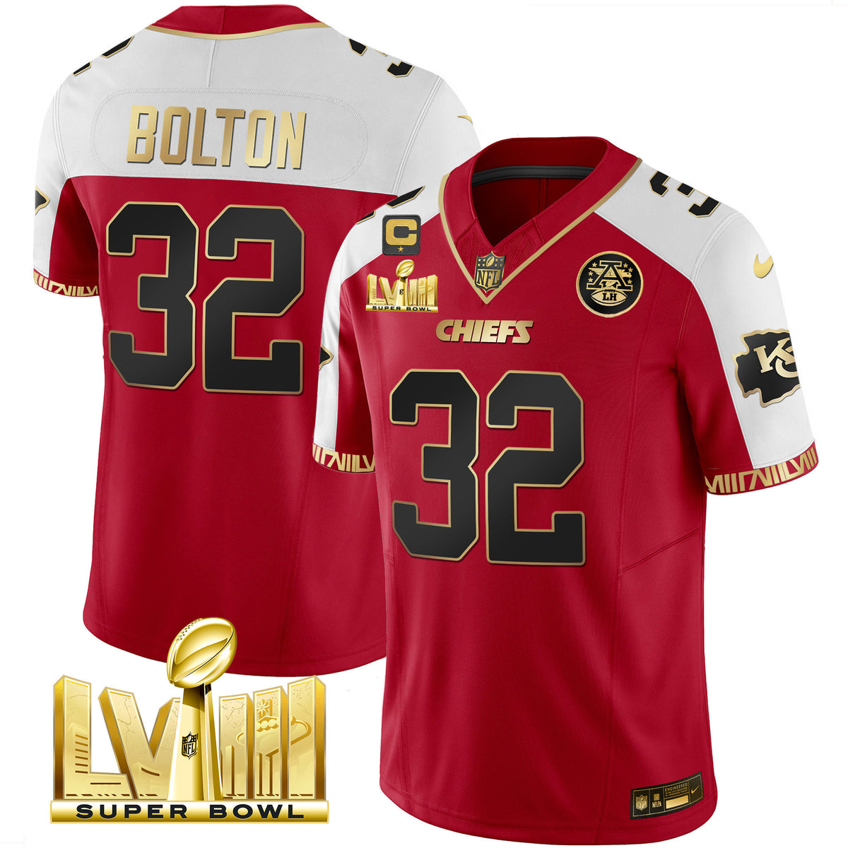 Men's Chiefs Super Bowl LVIII Pattern Gold Vapor Jersey V2 - All Stitched - Red Alternate - Nick Bolton — view 1