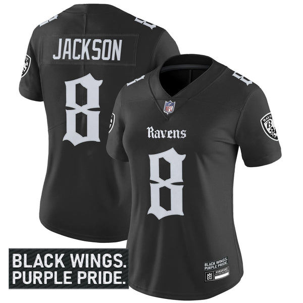 Women's Baltimore Ravens 'Gothic Nevermore Edition' Vapor Limited Jersey - All Stitched - Black - Lamar Jackson — view 1