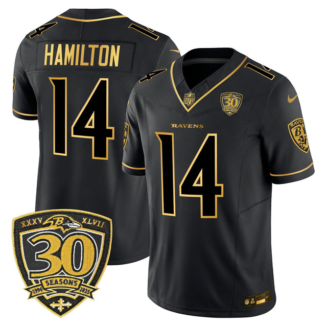 Men's Baltimore Ravens 2025 Gold Vapor Limited Jersey - 30th Anniversary Patch - All Stitched - Black Gold - Kyle Hamilton — view 1