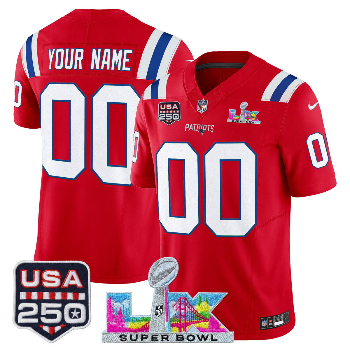 New England Patriots Super Bowl LX & United States 250th Anniversary Patch Vapor Limited Custom Jersey - All Stitched - Red — view 1