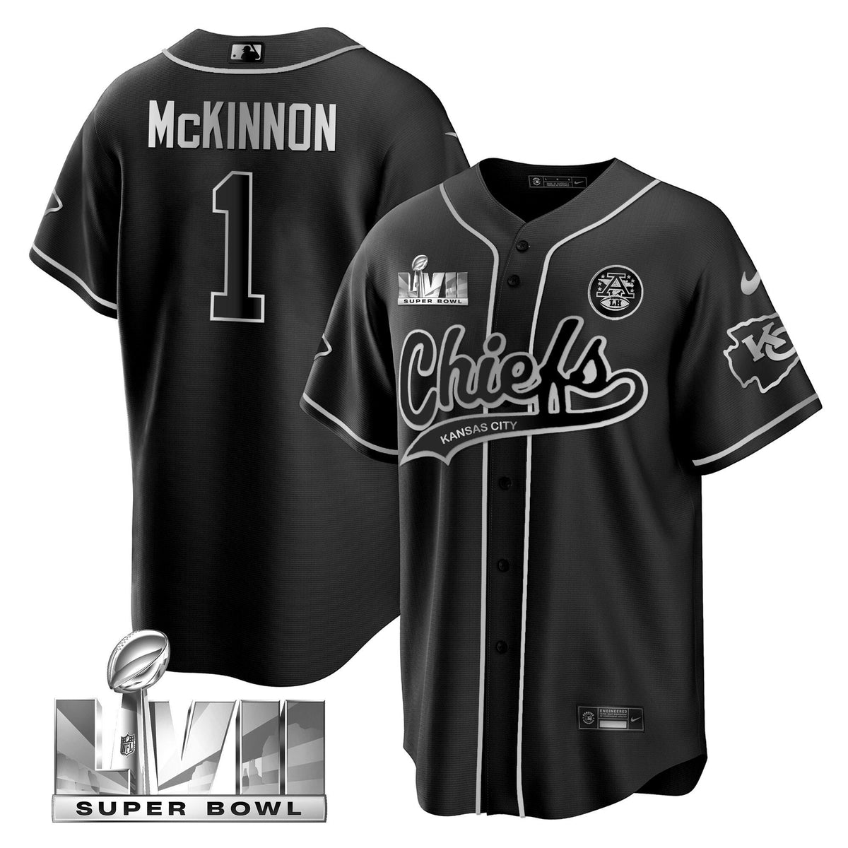 Youth's Chiefs Super Bowl LVII Cool base Jersey - All Stitched - Black Silver - Jerick McKinnon — view 1