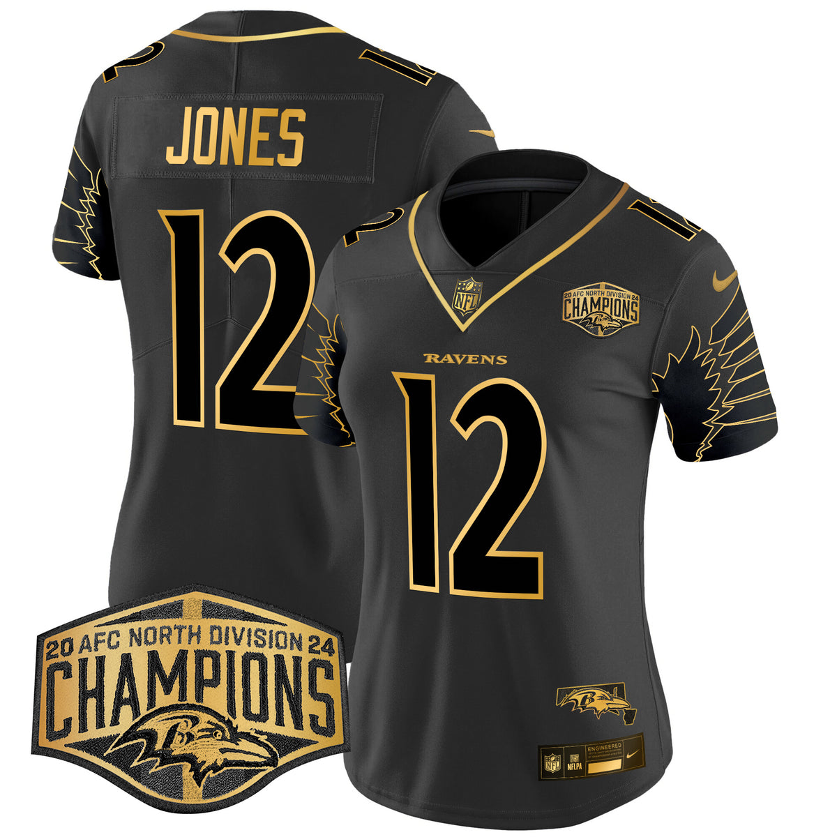 Women's Ravens Maryland 2024 AFC North Division Champions Patch Gold Vapor Limited Jersey - All Stitched - Black Gold - Jacoby Jones — view 1