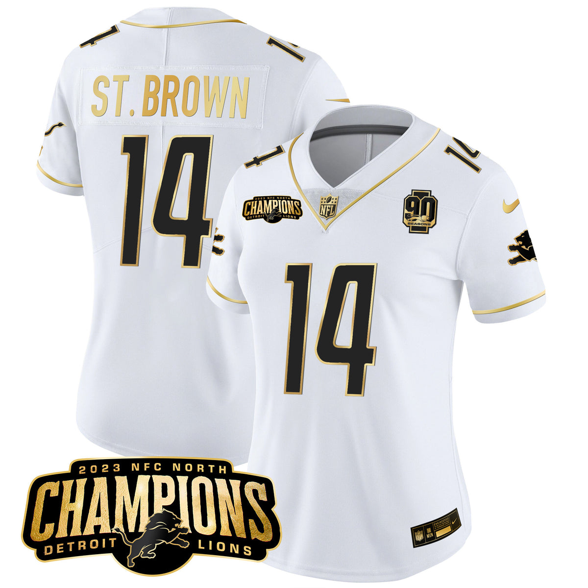 Women's Detroit Lions 2023 NFC North Champions Patch Gold Vapor Jersey V2 - All Stitched - White Gold - St. Brown — view 1