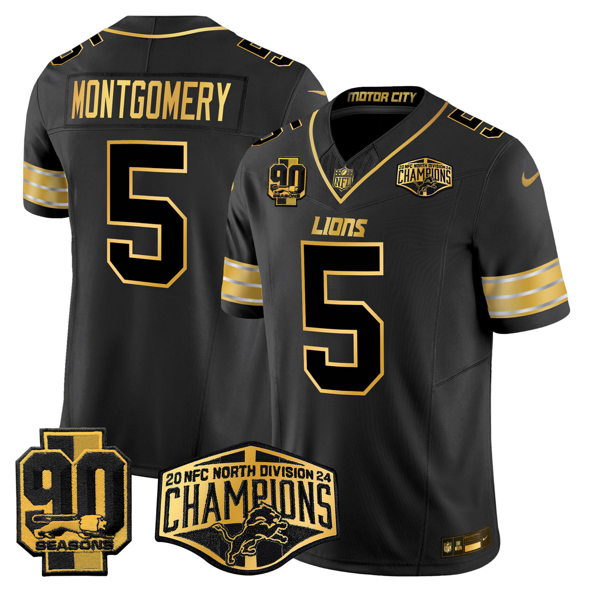 Men's Detroit Lions 2024 NFC North Division Champions Patch Gold Vapor Limited Jersey - All Stitched - Black Gold - David Montgomery — view 1