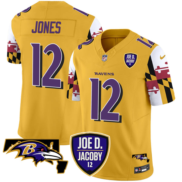 Men's Ravens Joe D & Jacoby Patch Vapor Limited Jersey V2 - All Stitched - Gold - Jacoby Jones — view 1