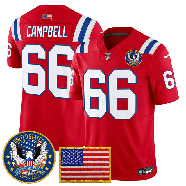 Men's New England Patriots United States 250th Anniversary Patch Vapor Limited Jersey - All Stitched - Red - Will Campbell — view 1