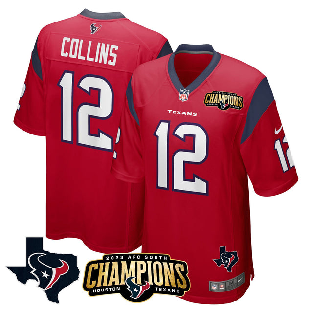 Men's Houston Texans 2023 AFC South Champions Patch Game Jersey - All Stitched - Red - Nico Collins — view 1