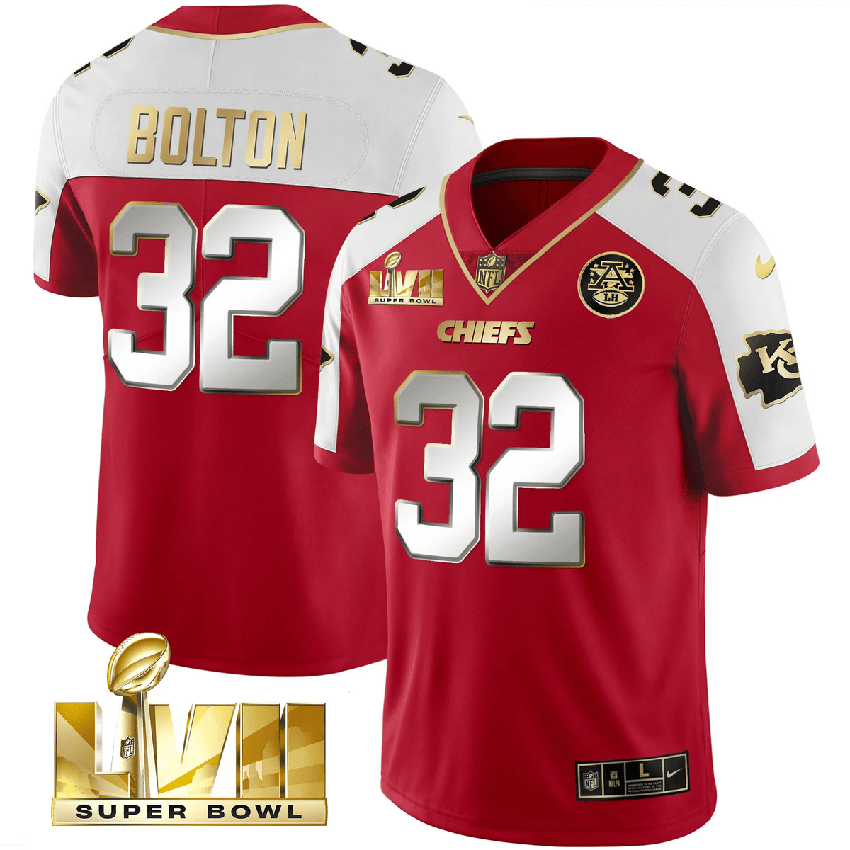Men's Chiefs Super Bowl LVII Gold Vapor Limited Jersey - All Stitched - Red Alternate - Nick Bolton — view 1