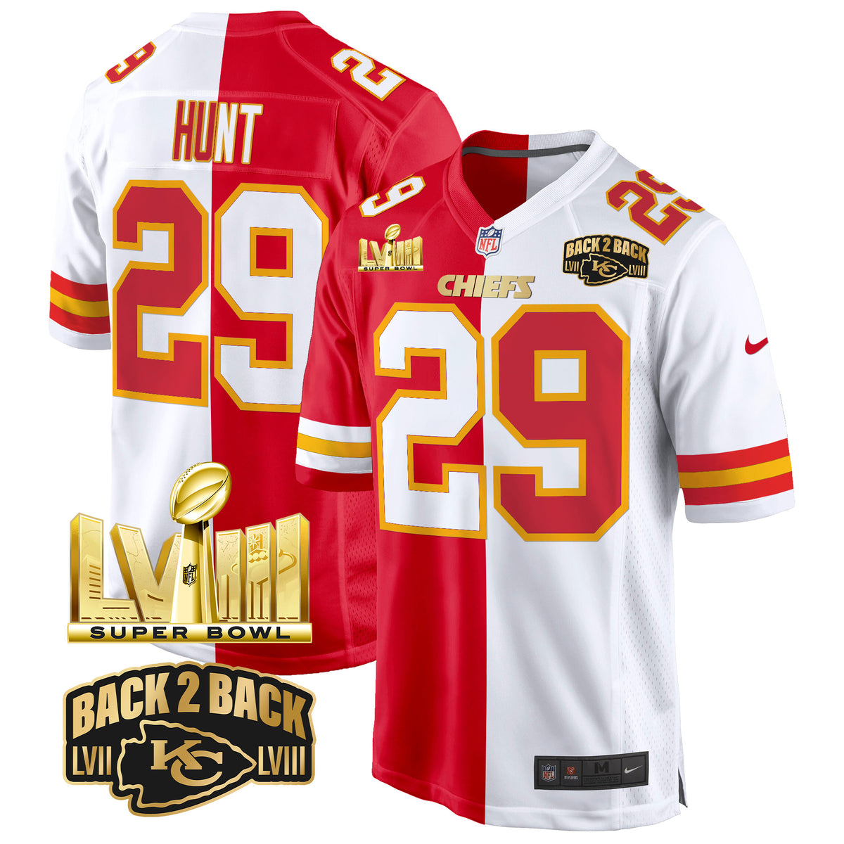 Men's Chiefs Super Bowl LVIII & Back 2 Back Gold Game Jersey - All Stitched - Split - Kareem Hunt — view 1