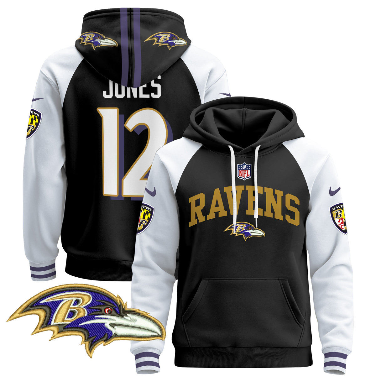 Men's Baltimore Ravens 2024 Pullover Hoodie V2 - All Stitched - Black Alternate - Jacoby Jones — view 1