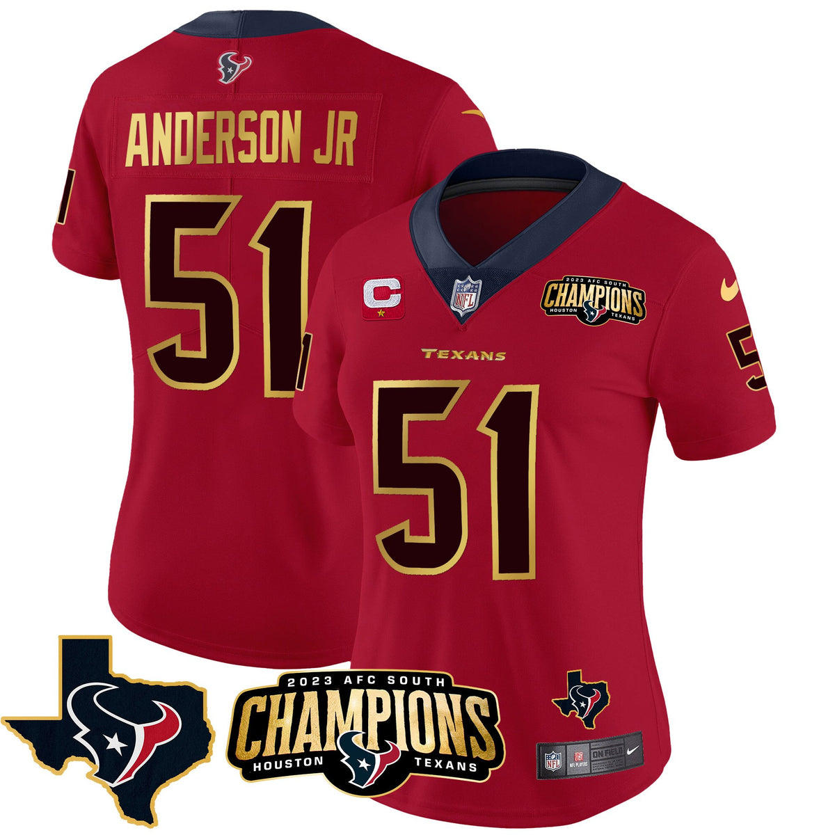 Women's Houston Texans 2023 AFC South Champions Patch Gold Trim Vapor Jersey - All Stitched - Red - Will Anderson Jr — view 1
