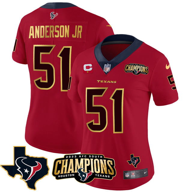 Women's Houston Texans 2023 AFC South Champions Patch Gold Trim Vapor Jersey - All Stitched - Red - Will Anderson Jr — view 1