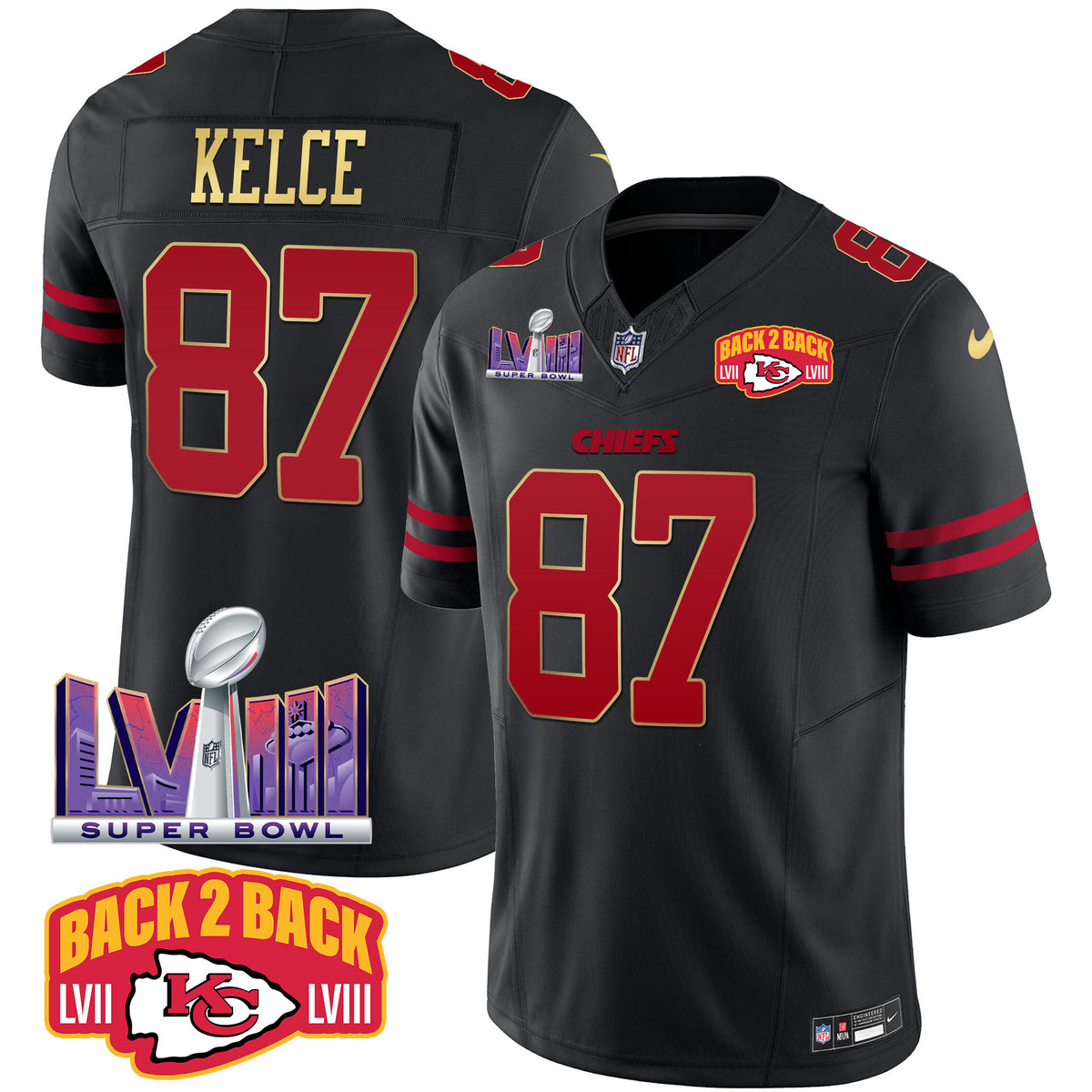 Men's Chiefs Super Bowl LVIII & Back 2 Back Patch Vapor Jersey - All Stitched - Gold Trim - Travis Kelce — view 1