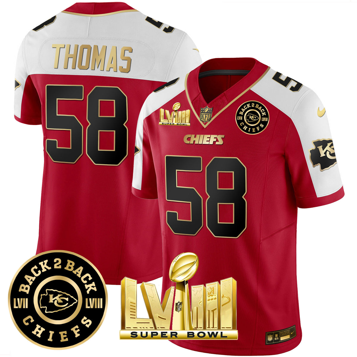 Men's Chiefs Super Bowl LVIII & Back 2 Back Patch Vapor Jersey V3 - All Stitched - Red Alternate - Derrick Thomas — view 1