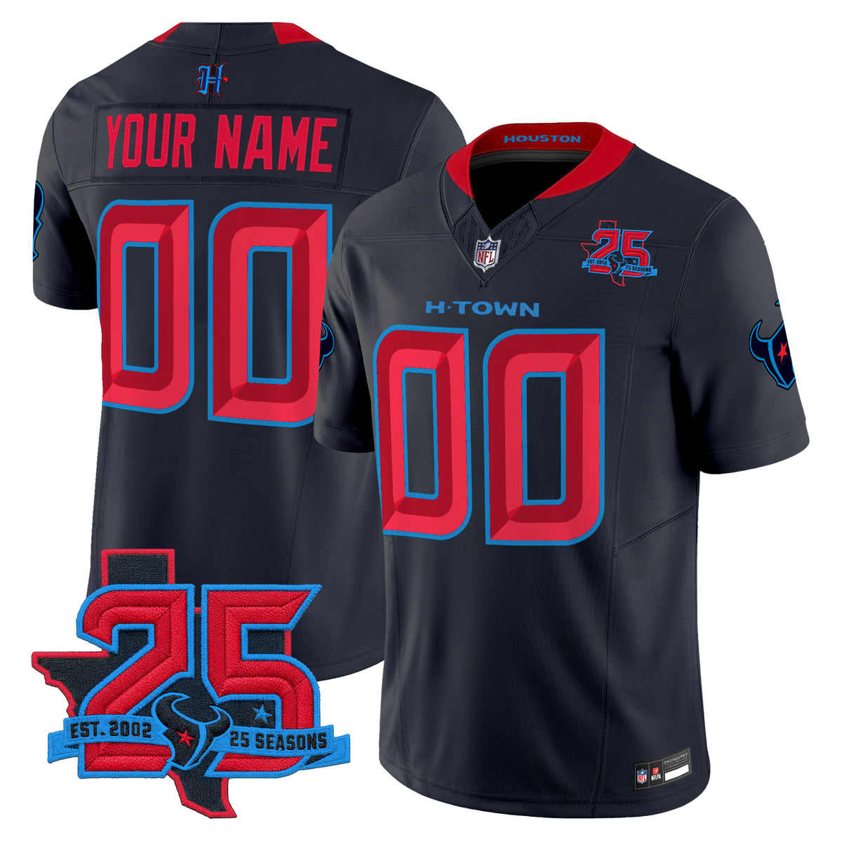 Houston Texans 25th Year Anniversary Patch Vapor Limited Custom Jersey - All Stitched - Navy Limited — view 1