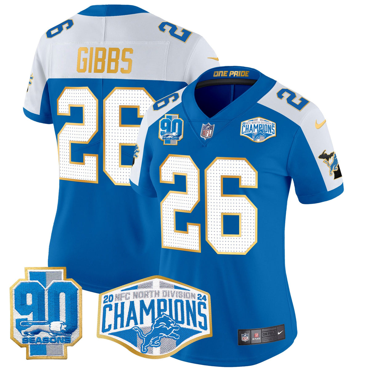 Women's Detroit Lions 2024 NFC North Division Champions Patch Gold Trim Vapor Limited Jersey - All Stitched - Blue Alternate - Jahmyr Gibbs — view 1