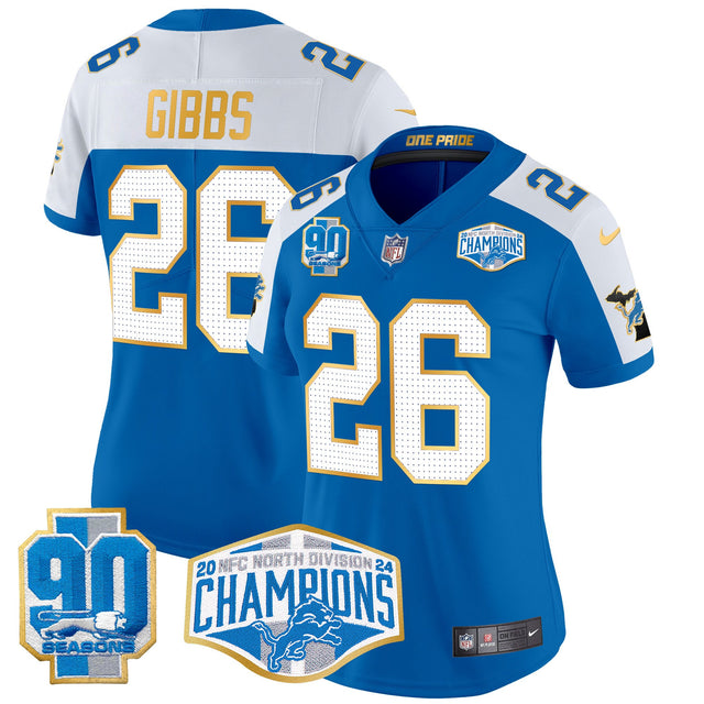 Women's Detroit Lions 2024 NFC North Division Champions Patch Gold Trim Vapor Limited Jersey - All Stitched - Blue Alternate - Jahmyr Gibbs — view 1
