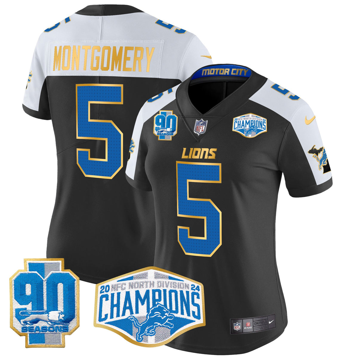 Women's Detroit Lions 2024 NFC North Division Champions Patch Gold Trim Vapor Limited Jersey - All Stitched - Black Alternate - David Montgomery — view 1