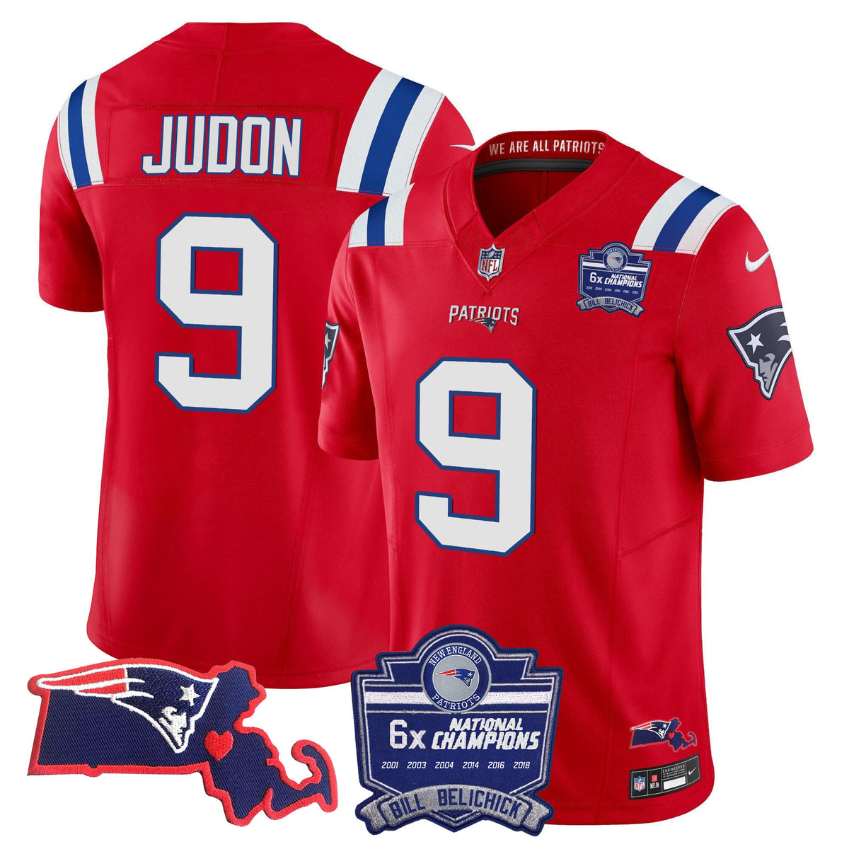 Women's Patriots Bill Belichick 6x Champions Patch Vapor Jersey - All Stitched - Red - Matthew Judon — view 1