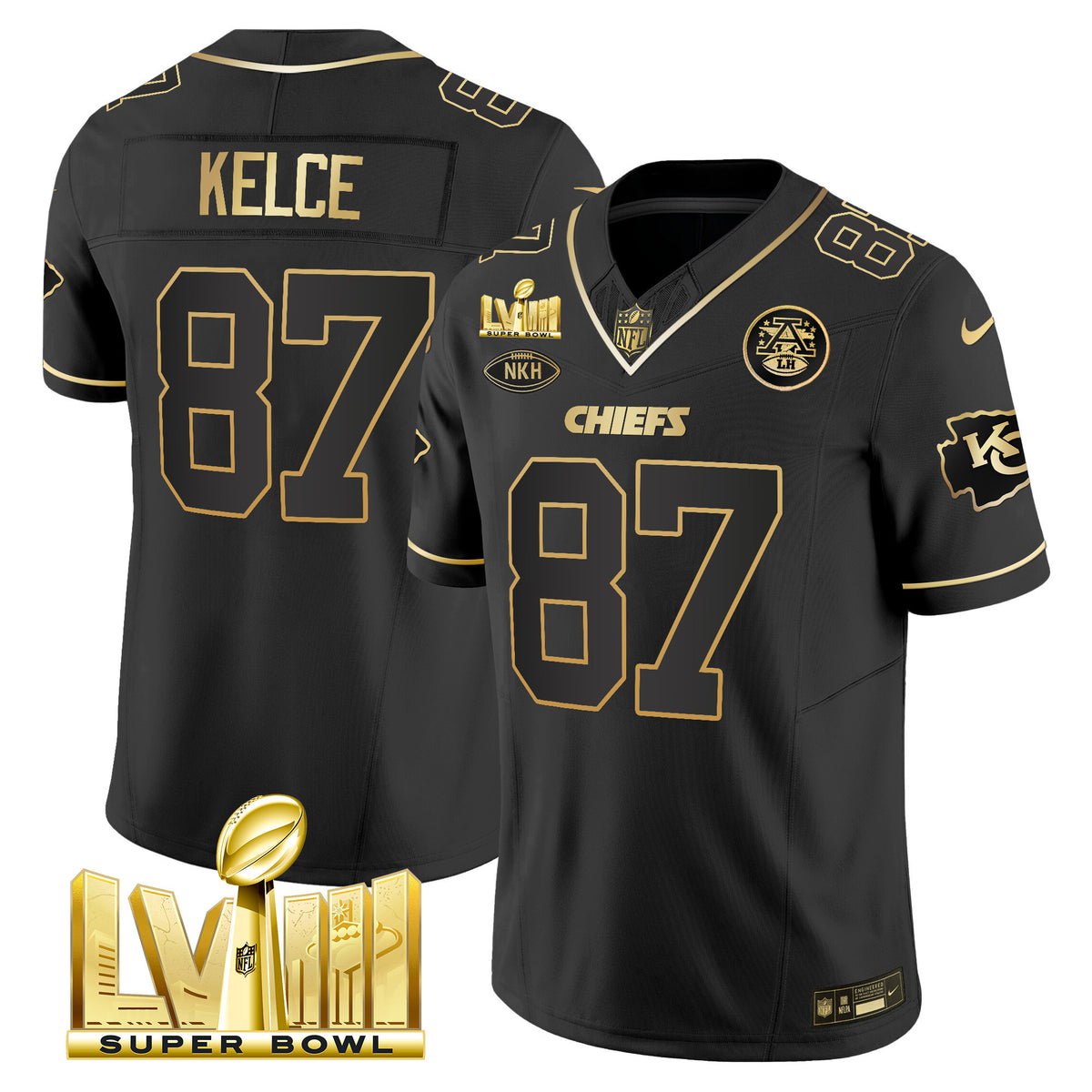 Men's Chiefs Super Bowl LVIII Gold Patch Vapor Jersey V3 - All Stitched - Black Gold - Travis Kelce — view 1