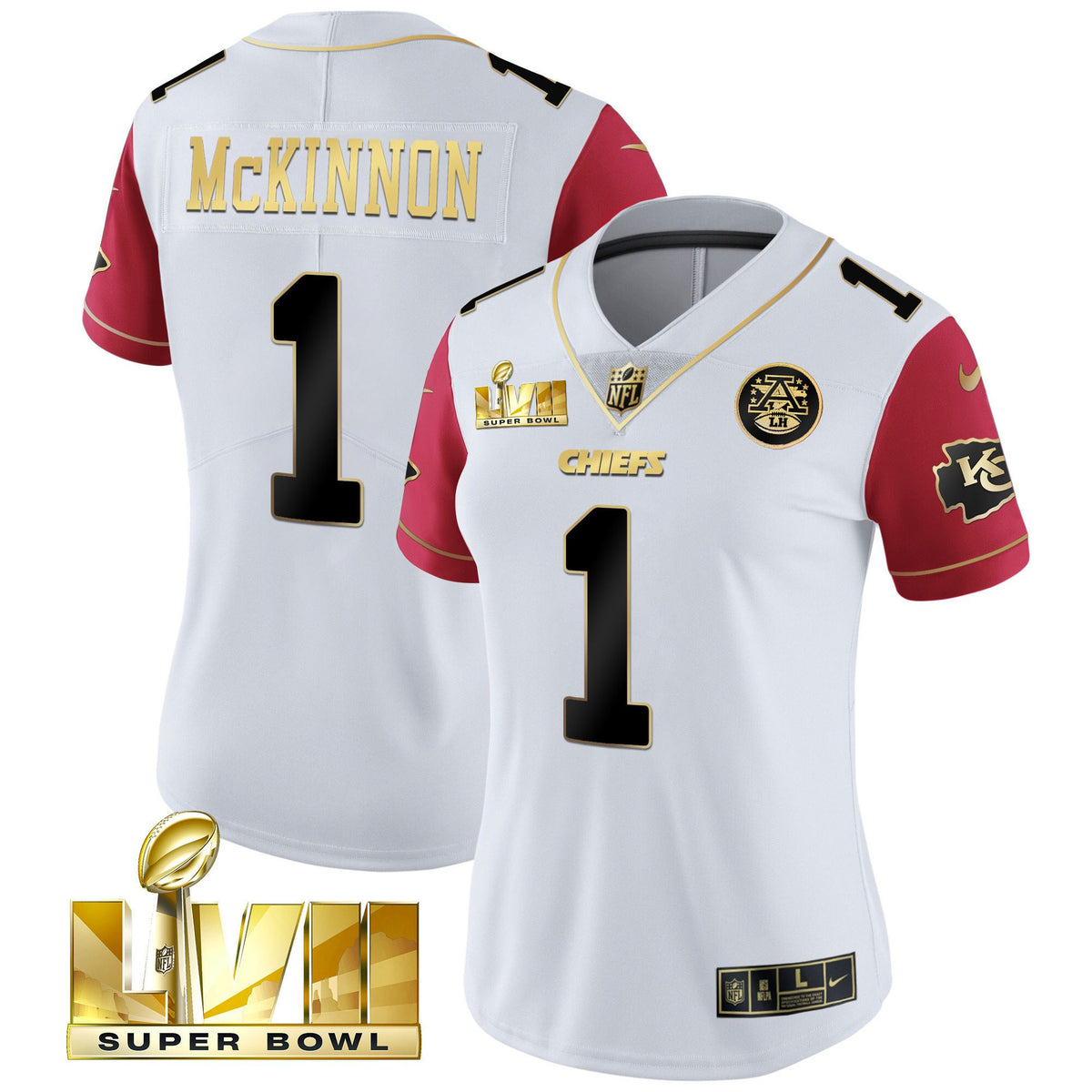Women's Chiefs Super Bowl Vapor Gold Jersey - All Stitched - Color Sleeve - Jerick McKinnon — view 1