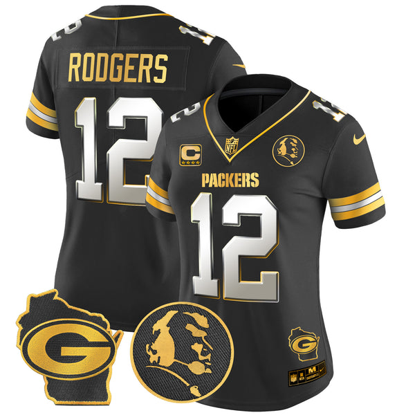 Women's Packers John Madden & Home Patch Gold Vapor Limited Jersey - All Stitched - Black Limited - Aaron Rodgers — view 1