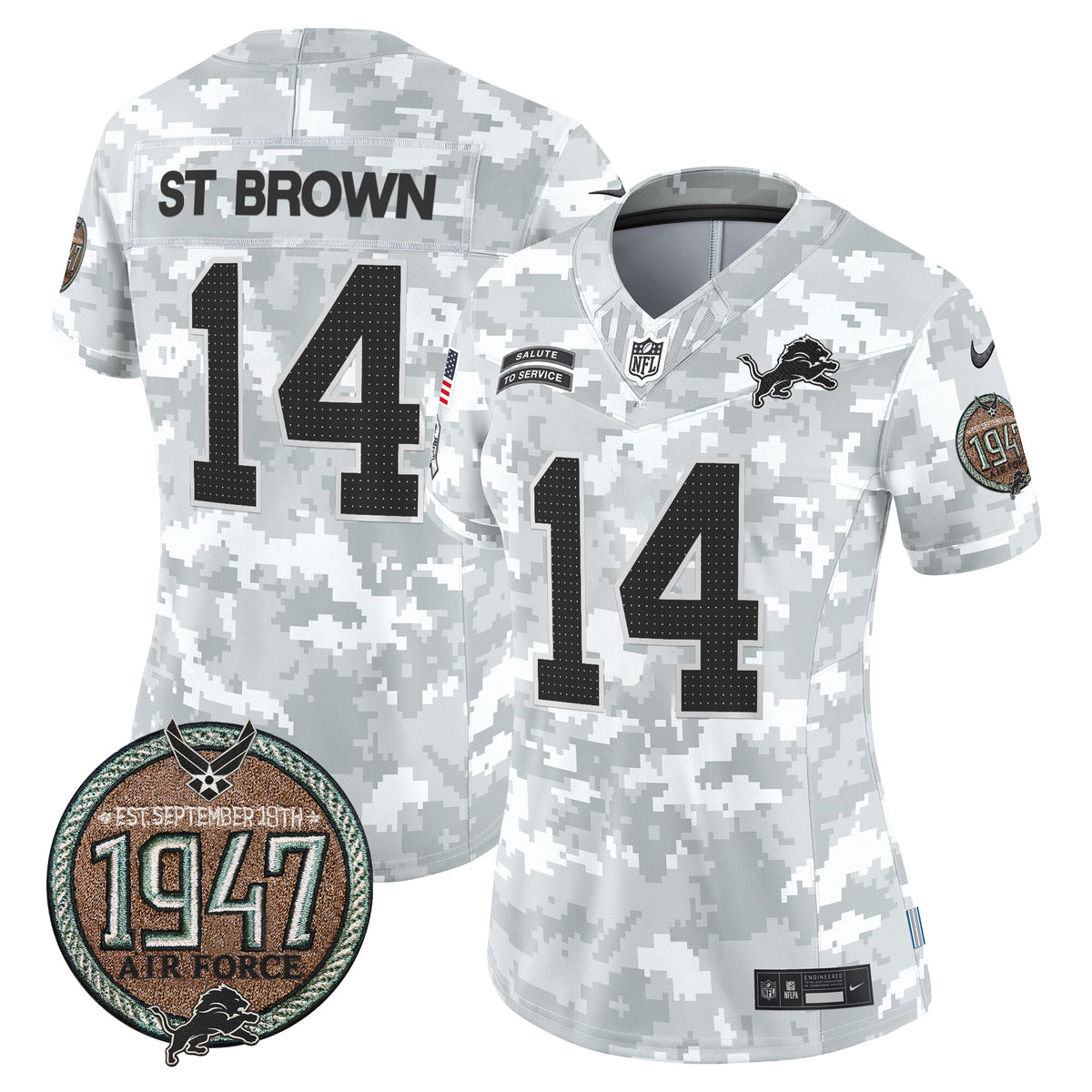 Women's Detroit Lions 2024 Salute to Service Establishment Year Patch Vapor Limited Jersey - All Stitched - Air Force - St. Brown — view 1