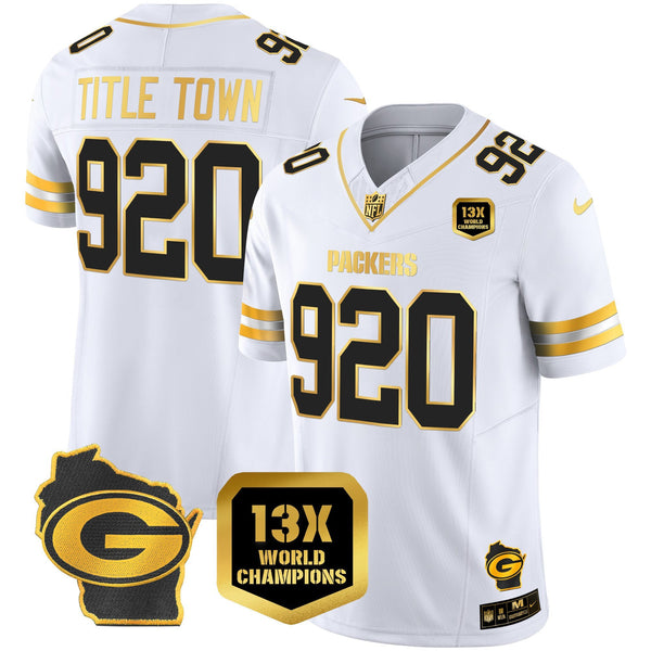 Men's Packers 13 Time World Champions & Home Patch Gold Vapor Jersey – All Stitched - White Gold - Title Town 920 — view 1