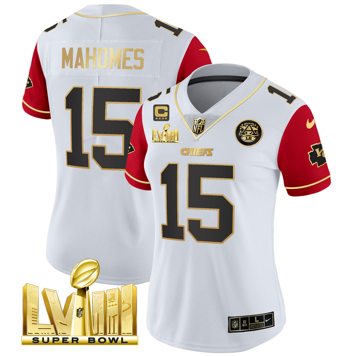 Women's Chiefs Super Bowl LVIII Gold Patch Vapor Jersey V4 - All Stitched - Color Sleeves - Patrick Mahomes — view 1