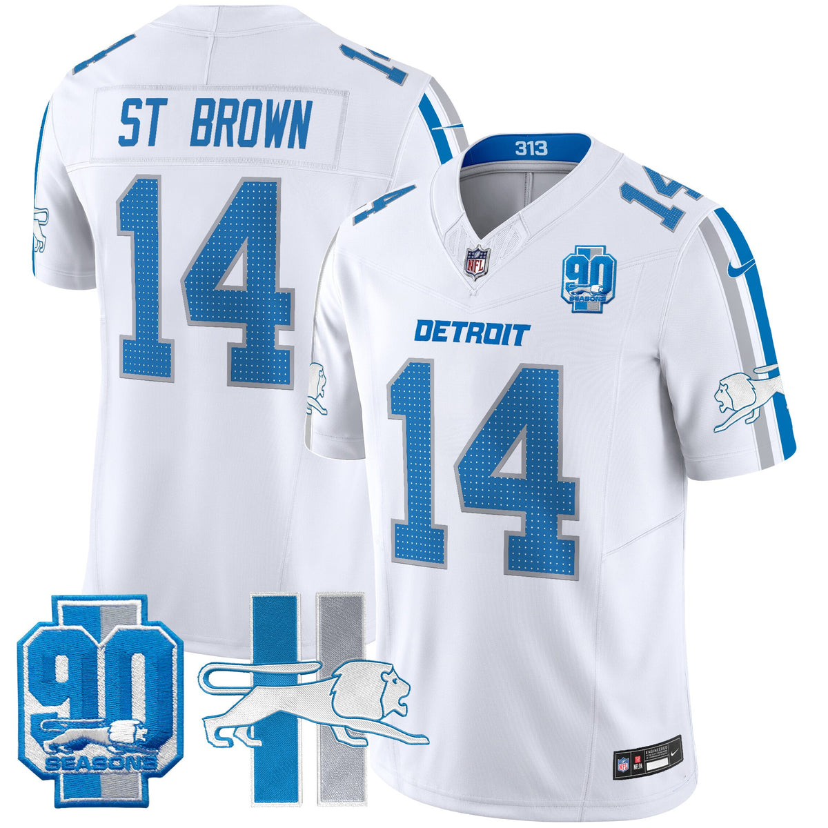 Men's Detroit Lions Throwback 90th Year Patch Vapor Limited Jersey - All Stitched - White - St. Brown — view 1