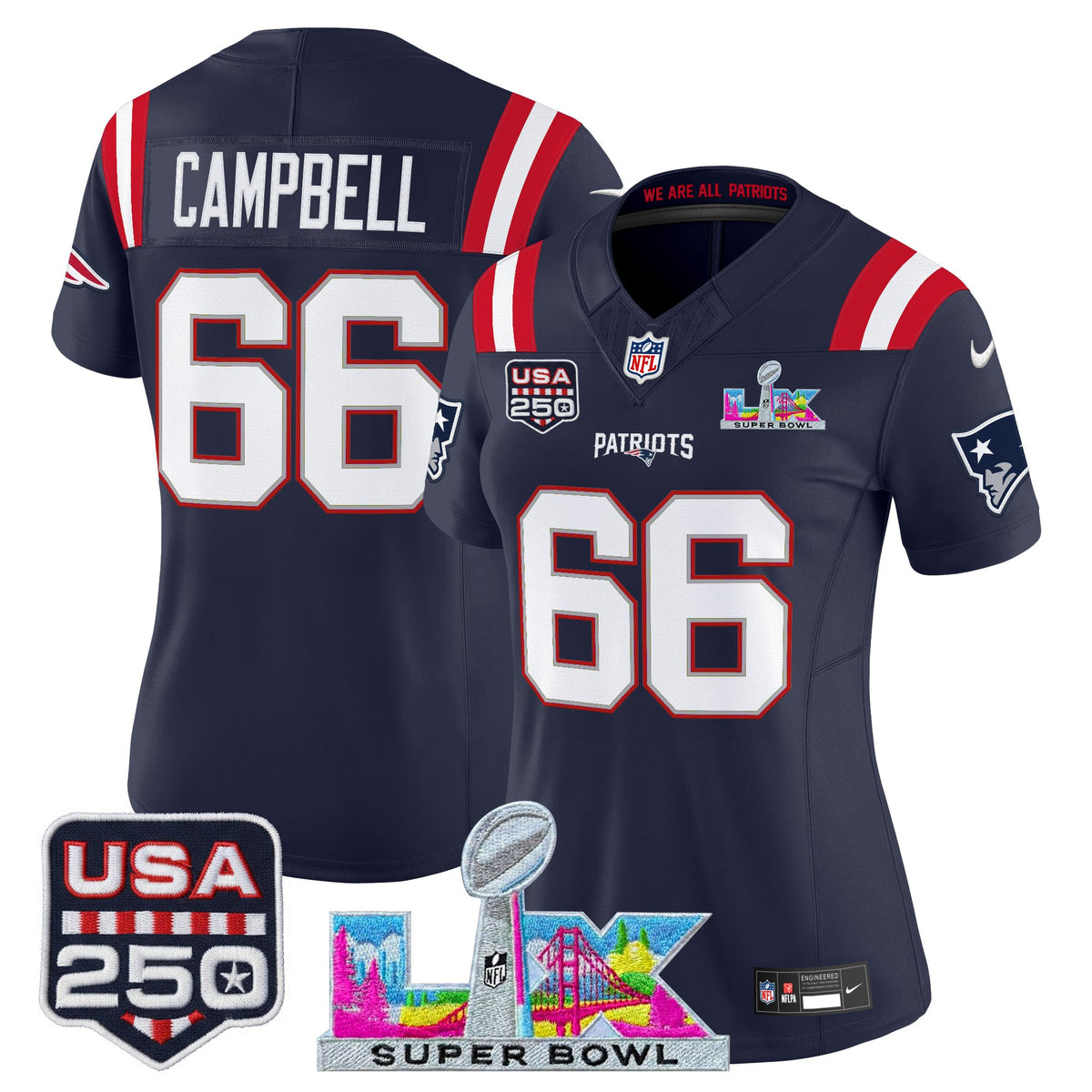 Women's New England Patriots Super Bowl LX & United States 250th Anniversary Patch Vapor Limited Jersey - All Stitched - Navy - Will Campbell — view 1