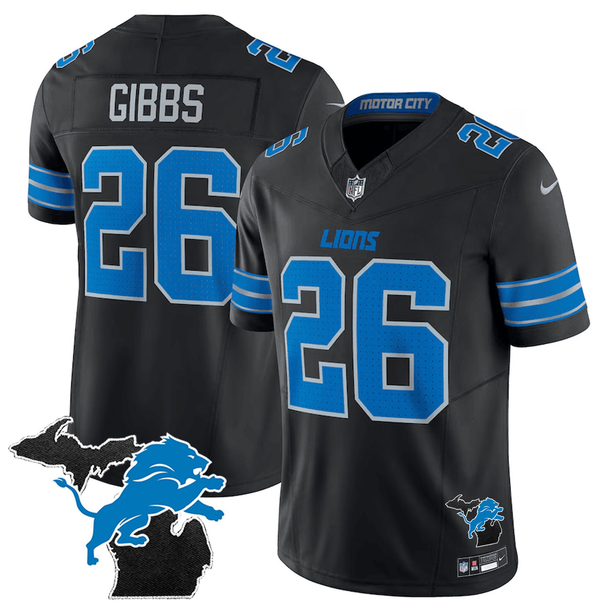 Men's Detroit Lions 2024 Michigan Patch Vapor Limited Jersey - All Stitched - Black - Jahmyr Gibbs — view 1