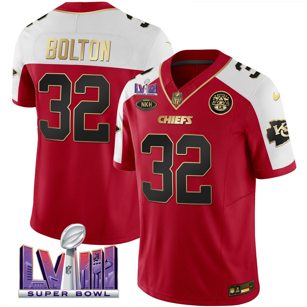Men's Chiefs Super Bowl LVIII Patch Vapor Jersey V2 - All Stitched - Red Alternate - Nick Bolton — view 1