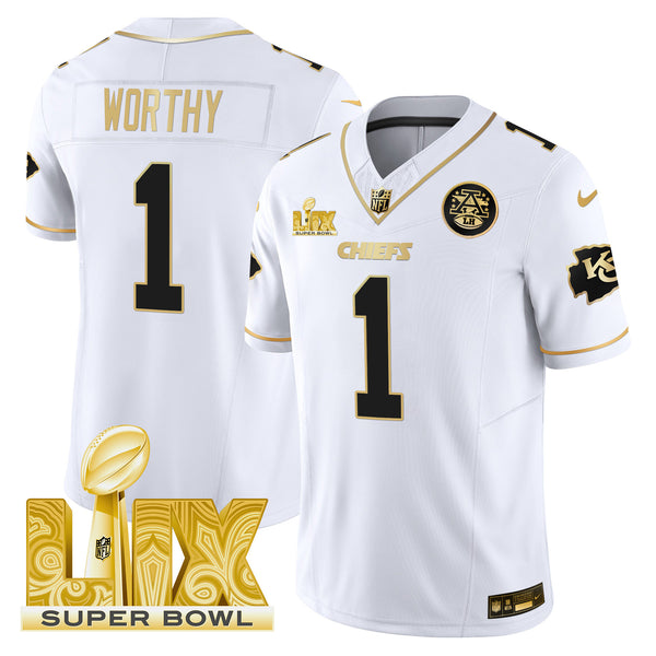 Men's Chiefs Super Bowl LIX Patch Gold Vapor Limited Jersey - All Stitched - White Gold - Xavier Worthy — view 1