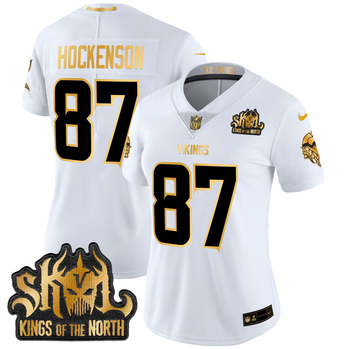 Women's Minnesota Vikings 2024 Winter Warrior Skol Patch Gold Vapor Limited Jersey - All Stitched - White Gold - T.J. Hockenson — view 1
