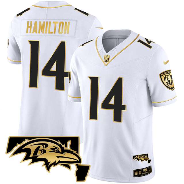 Men's Ravens Maryland Patch Vapor Gold Jersey - All Stitched - White Gold - Kyle Hamilton — view 1