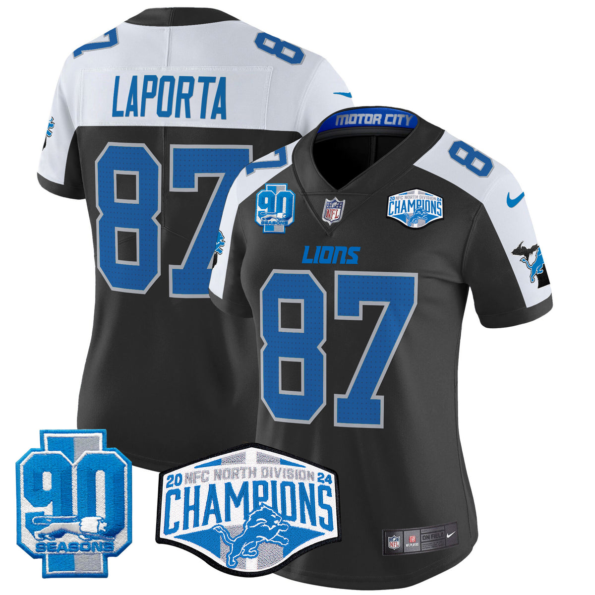 Women's Detroit Lions 2024 NFC North Division Champions Patch Vapor Limited Jersey - All Stitched - Black Alternate - Sam Laporta — view 1