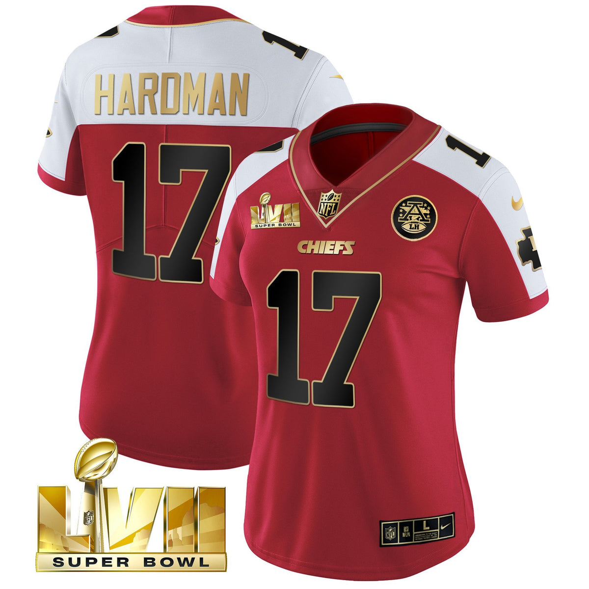 Women's Chiefs Super Bowl LVII Red Gold Vapor Jersey - All Stitched - Red Alternate - Mecole Hardman — view 1