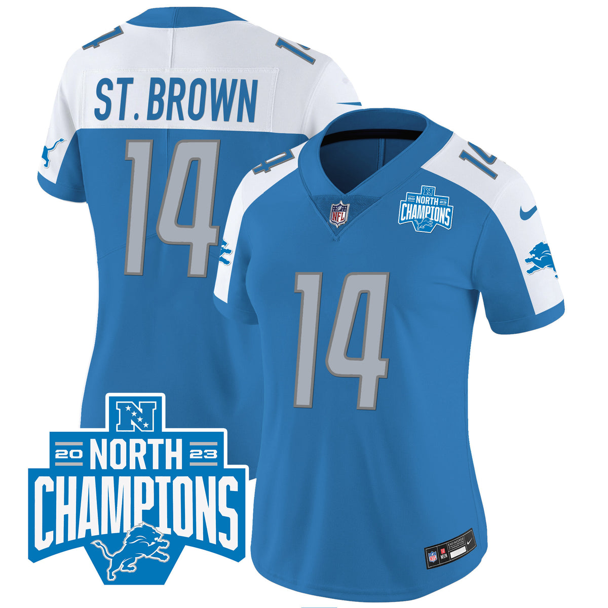 Women's Detroit Lions 2023 NFC North Division Champions Patch Vapor Jersey - All Stitched - Blue Alternate - St. Brown — view 1