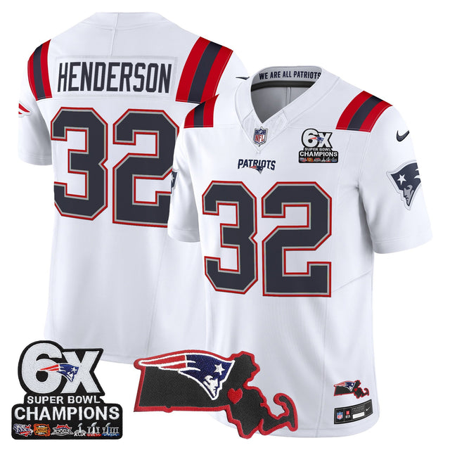 Men's New England Patriots 6-Time Champions & Massachusetts Patch Vapor Limited Jersey - All Stitched - White - TreVeyon Henderson — view 1