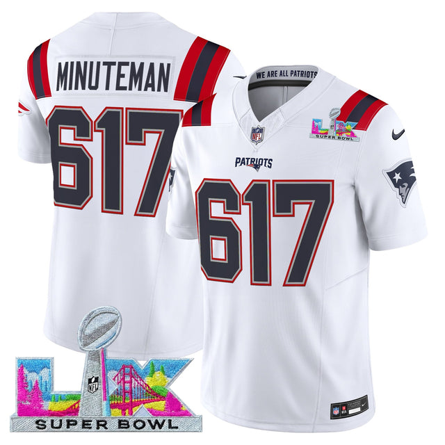 Men's New England Patriots Super Bowl LX Vapor Limited Jersey - All Stitched - White - Minuteman 617 — view 1