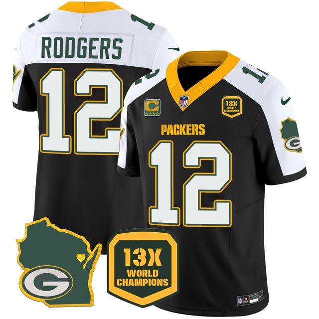 Men's Packers 13 Time World Champions & Home Patch Vapor Jersey V2 – All Stitched - Black Alternate - Aaron Rodgers — view 1