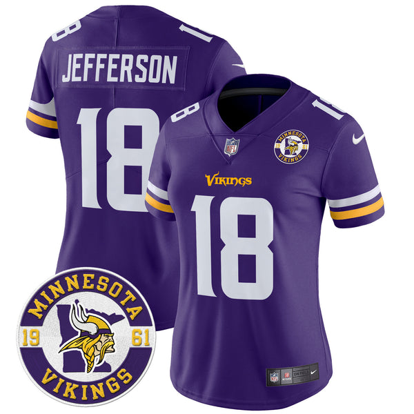 Women's Minnesota Vikings 2024 Vapor Limited Jersey V2 - Est. 1961 Patch - All Stitched - Purple - Justin Jefferson — view 1