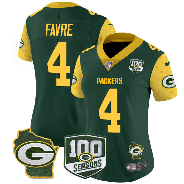 Women's Packers 100th Season & Home Patch Cheese Vapor Limited Jersey – All Stitched - Green - Brett Favre — view 1