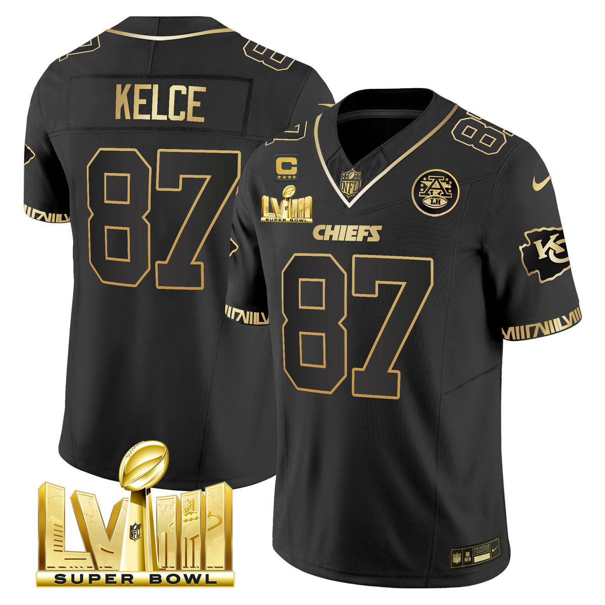 Men's Chiefs Super Bowl LVIII Pattern Gold Vapor Jersey - All Stitched - Black Gold - Travis Kelce — view 1