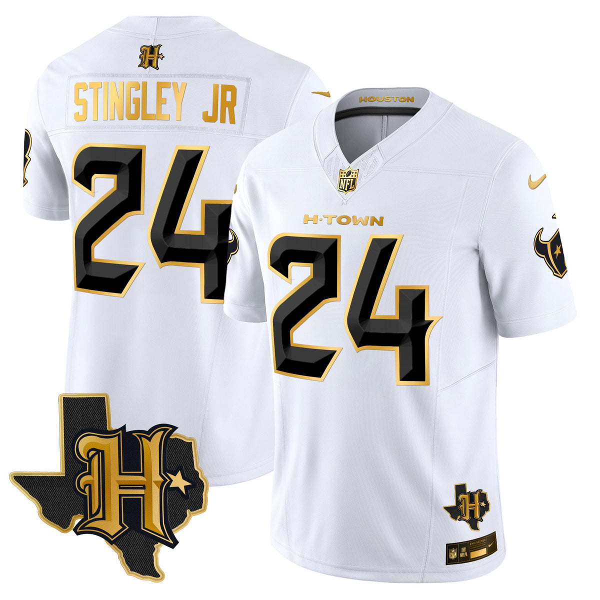 Men's Houston Texans 2024 Texas Patch Gold Vapor Limited Jersey - All Stitched - White Gold - Derek Stingley Jr — view 1