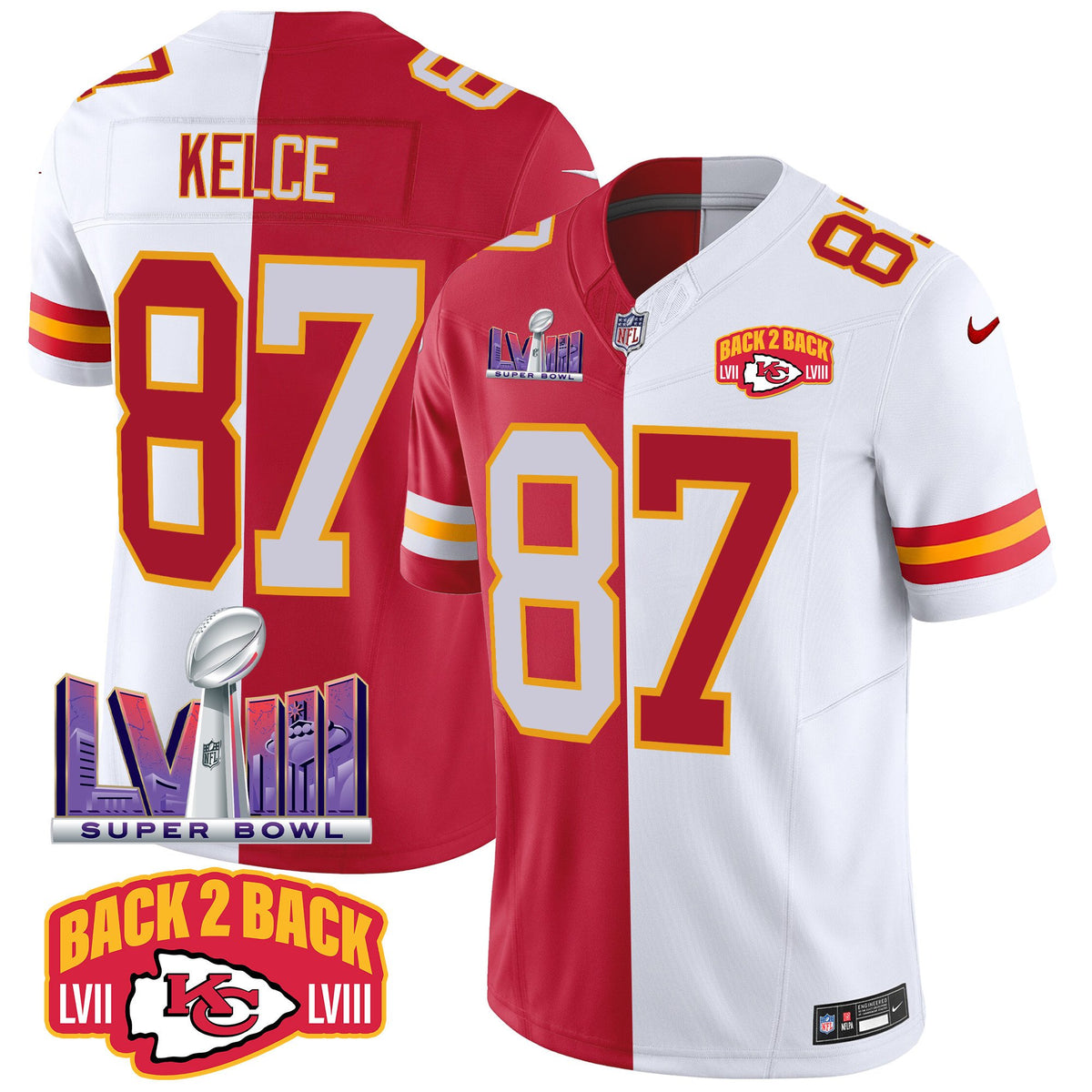 Men's Chiefs Super Bowl LVIII & Back 2 Back Patch Vapor Jersey V2 - All Stitched - Split - Travis Kelce — view 1