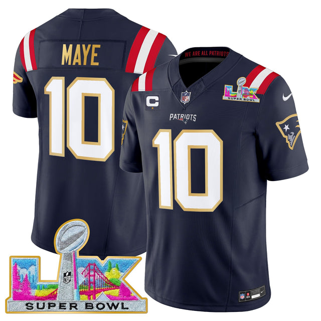 Men's New England Patriots Super Bowl LX Gold Trim Vapor Limited Jersey - All Stitched - Navy - Drake Maye — view 1