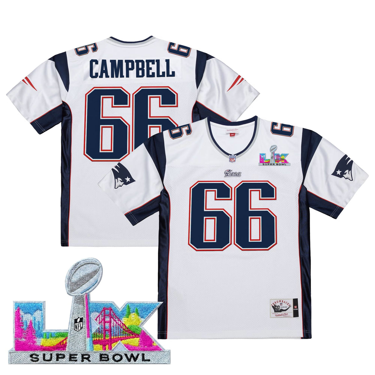 Men's New England Patriots Super Bowl LX Throwback Jersey - All Stitched - White - Will Campbell — view 1